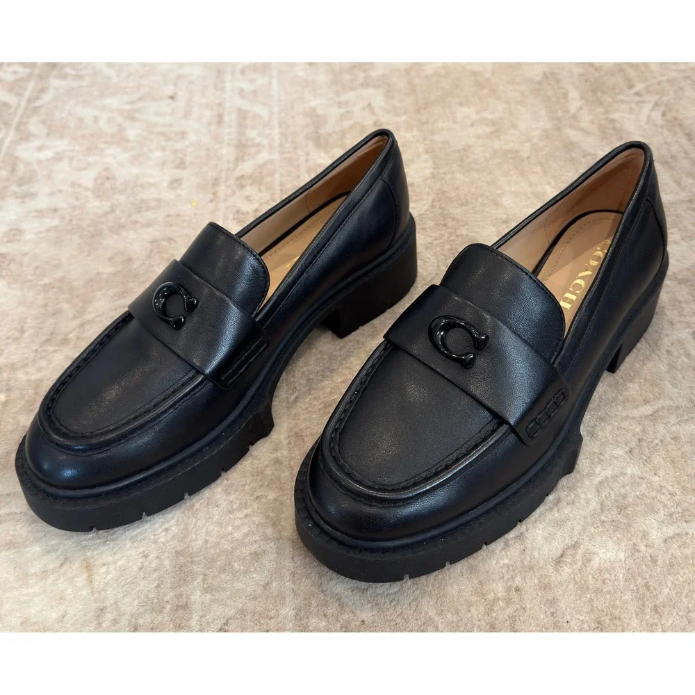 Coach Leah Leather Platform Lug Sole Loafers Black Size 7.5B